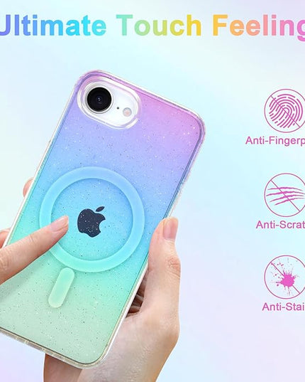 Glitter Case for iPhone 16e Case for Women Girls [ Compatible with Magsafe ] Clear Cute Girly Aesthetic Iridescent Rainbow Sparkly Bling Magnetic Phone Cover, Gradient Blue & Pink