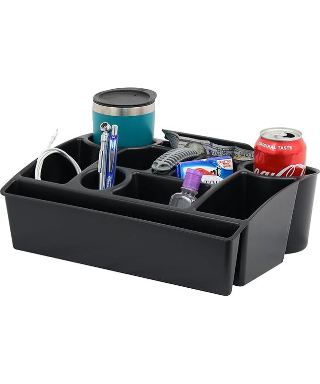 Vehicle Seat Organizer Car Storage Caddy with Carrying Handle, 2 Large Cup Holders, 10 Compartments, Hidden Extra Storage, Fits Most Vehicles, Made in USA from Recycled Plastic