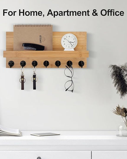 Lwenki Key Holder Wall Mount, Entryway Key and Mail Holder with 7 Sturdy Hooks for Sunglasses, Dog Leash, Decorative Wall Shelf with Mounting Hardware, 15”W x 6.7”H x 4.2”D