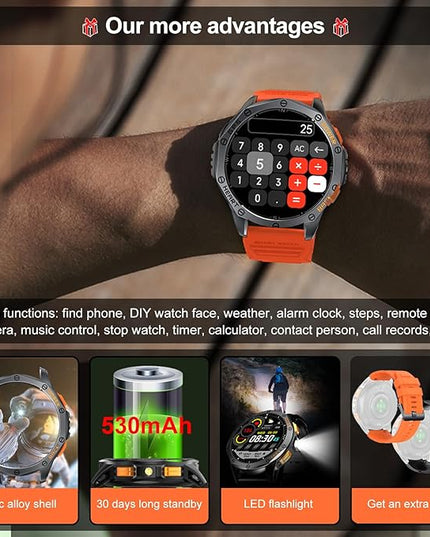 Military Smart Watches Built-in GPS, 170+ Sport Modes for Men with Flashlight, Smartwatch for Android Phones and iPhone, 1.43" AMOLED Screen Bluetooth Call Compass Altimeter (Black & Camo (2 Bands))