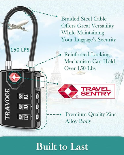 Search Alert TSA Approved Travel Combination Luggage Cable Locks for Suitcase, Gym Locker,Toolbox,Backpack 1,2,4,6 &10 pk (Black 3 Pack)