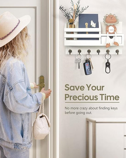 FifthQuarter Key Holder Wall Mount: Key and Mail Holder for Wall with 6 Hooks and Storage Drawer, Easy Installation Key Rack for Entryway Home Decor (A-White)