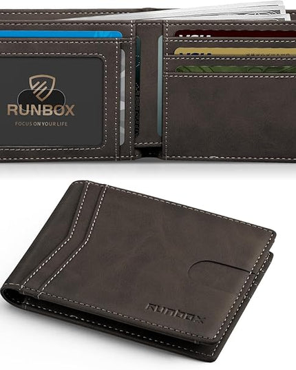 RUNBOX Wallet for Men Slim Leather Bifold RFID Blocking Minimalist Front Pocket Design with Gift Box