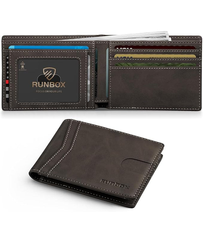 RUNBOX Wallet for Men Slim Leather Bifold RFID Blocking Minimalist Front Pocket Design with Gift Box