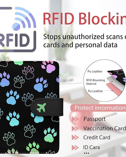 Passport Holder, Travel Wallet Cover with Pen Loop | Cute RFID Blocking Leather Case with Magnetic Closure for Travel Essentials-Pawprint