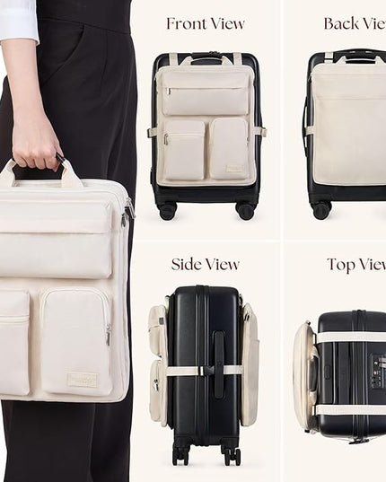 BAREFOOT CARIBOU Over Luggage Organizer for Carry On Bag or Suitcase with Storage Pockets, 16” Laptop Sleeve with Handle, Travel Accessories Bag Slide On Luggage Harness with Adjustable Straps (Ivory)