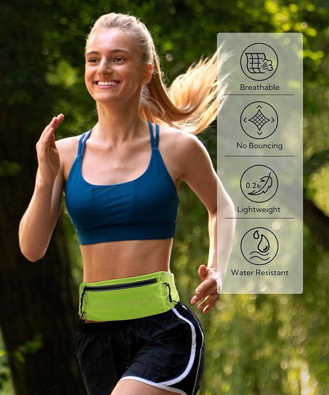 WATERFLY Running Belt Fanny Pack: Breathable 3 Pocket Waist Bag for Men Women Workout Exercise Fitness Phone Holder Fits All Phones - Runner Marathon Jogging Race Belt with Bib Clip Yellow