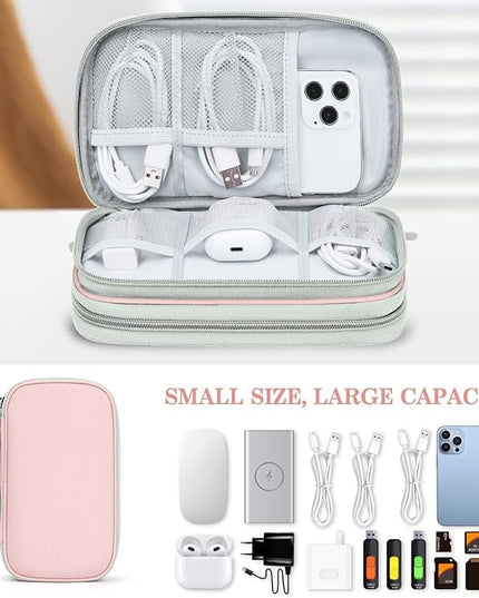 FYY Electronic Organizer, Travel Cable Organizer Bag Pouch Electronic Accessories Carry Case Portable Waterproof Double Layers Storage Bag for Cable, Cord, Phone, Earphone, Medium Size, Light Pink
