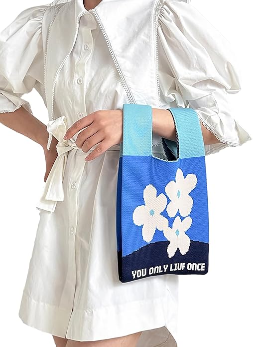 Women's Wrist Knot Tote Bag Small Crochet Wristlet Handbag Aesthetic Cute Knit Purse (Very Small Size)