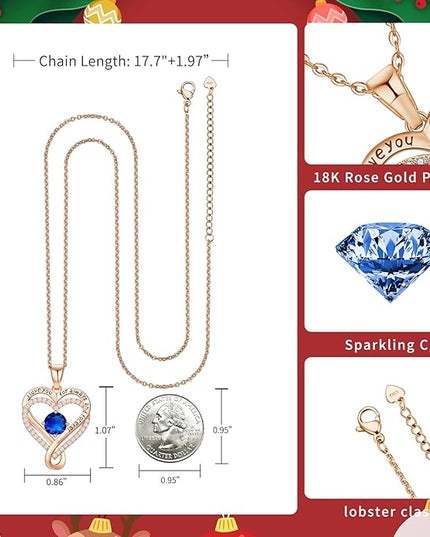 Infinity Love Heart Birthstone Necklace for Women Wife, S925 Sterling Silver Anniversary for Women Wife Birthday Gift for Her Girlfriend Mom Daughters, I Love You Women's Jewelry 18k Rose Gold Filled
