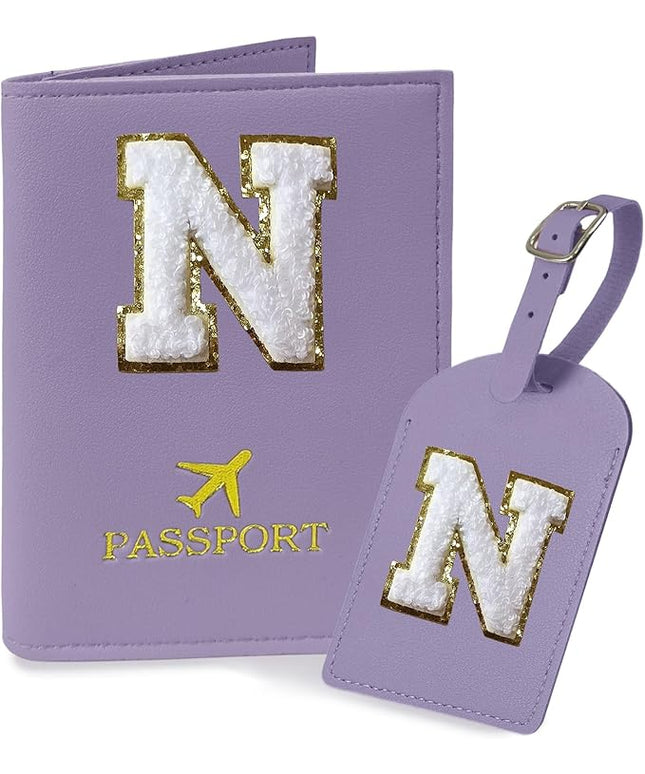 COSHAYSOO Purple Passport Cover and Luggage Tag Set TSA Approved with Her Initial Chenille Letter Patch, Trending Traveling Bag Backpack Suitcase Identifier Birthday Gifts for Women Girls (N)