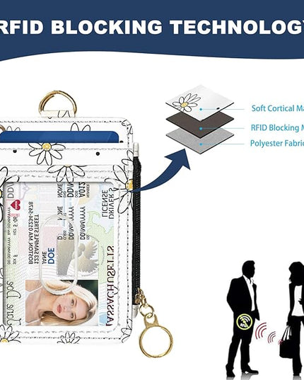 Slim Wallet Credit Card Holder, White daisy V, RFID Wallet Women Cute Small Front Pocket Wallet With Zipper, PU Leather Thin travel RFID Blocking Card Case ID Window,Ladies Gifts