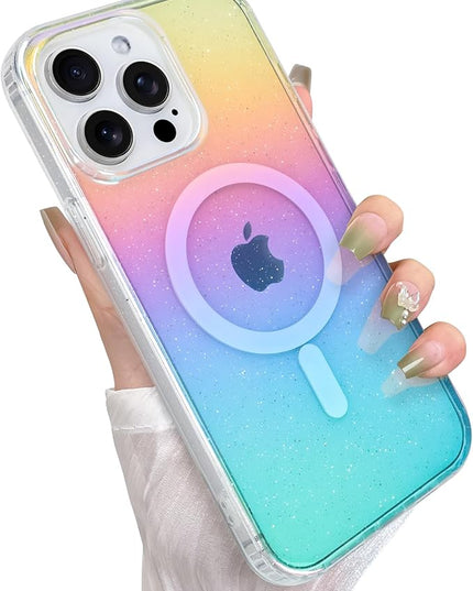 Glitter Case for iPhone 15 Pro Case for Women Girls [ Compatible with Magsafe ] Clear Cute Girly Aesthetic Iridescent Rainbow Sparkly Bling Magnetic Phone Cover, Gradient Blue & Pink