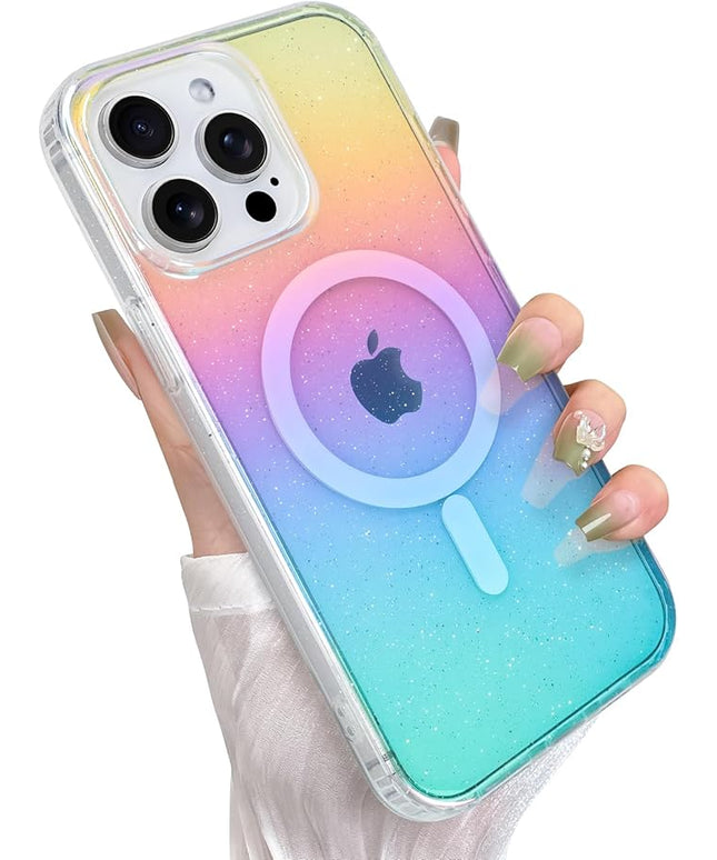 Glitter Case for iPhone 12 & 12 Pro Case for Women Girls [ Compatible with Magsafe ] Clear Cute Girly Aesthetic Iridescent Rainbow Sparkly Bling Magnetic Phone Cover, Gradient Blue & Pink