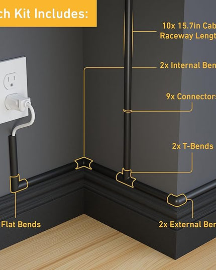 D-Line 157in Cord Hider Kit, Patented Cable Cover, Hide Wires on Wall, Channel for TV Mount Cords, Raceway Wire Hiders, Paintable, Adhesive, Half Round, 10x 0.78in W x 0.39in H x 15.7in L, Black