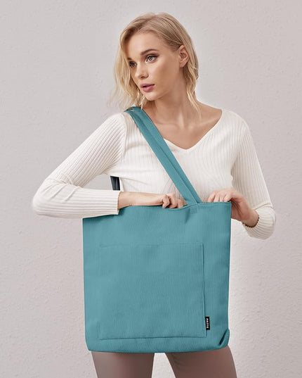 Prite Corduroy Tote Bag for Women Large Shoulder Bag with Zipper and Pockets for College Work Travel Shopping