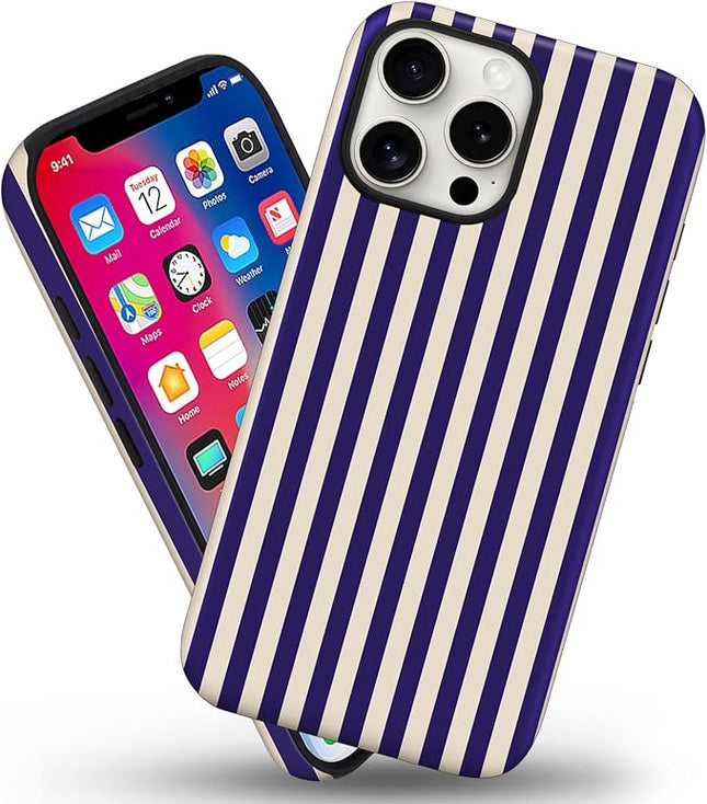 Magnetic for iPhone 15 Pro Max Case Cute Stripes Phone Case, Shockproof Slim TPU and Hard PC Protective Phone Cover Compatible with MagSafe Designed for Women Girls, Deep Purple