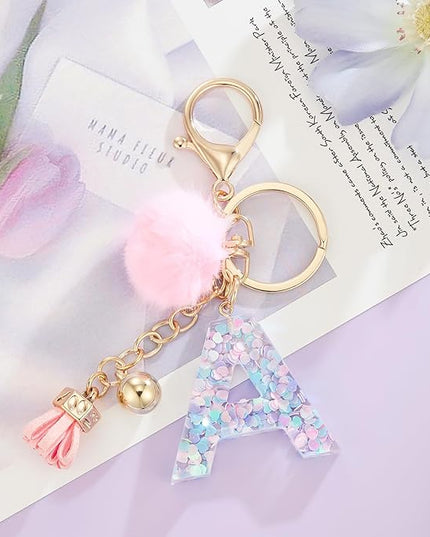 Resin Alphabet Initial Letter Keychain Keyring for Women Purse Handbags With Fur Ball Pom