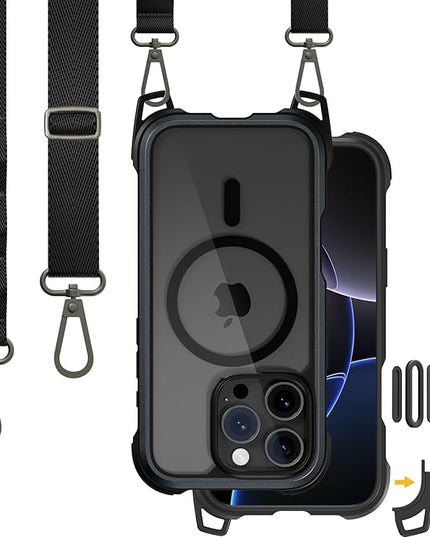 MAGEASY Designed for iPhone 16 Pro Case with Strap - [Camera Control Button Coverage] 20ft Ultimate Drop Protection Compatible with MagSafe, Aluminum Frame | Odyssey Strap M (Metal Black)