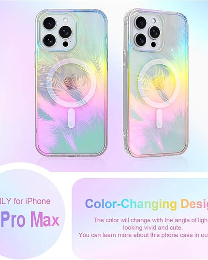 Glitter Case for iPhone 14 Pro Max Case for Women Girls [ Compatible with Magsafe ] Clear Cute Aesthetic Girly Iridescent Feather Sparkly Bling Magnetic Phone Cover, Gradient Blue & Pink
