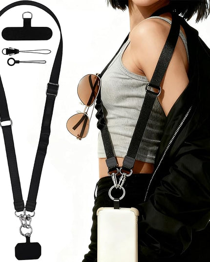 Phone Strap Crossbody with Detachable Wrist Strap Anti Theft Adjustable Women Cell Phone Lanyard with Tether Tabs, Lanyard for Phone, ID Badge, Camera, Travel Essentials - Black
