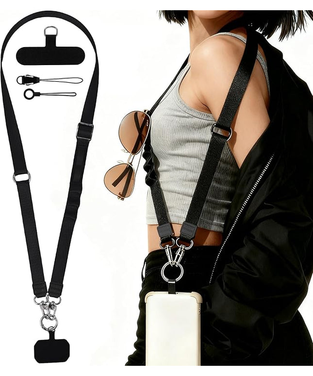 Phone Strap Crossbody with Detachable Wrist Strap Anti Theft Adjustable Women Cell Phone Lanyard with Tether Tabs, Lanyard for Phone, ID Badge, Camera, Travel Essentials - Black