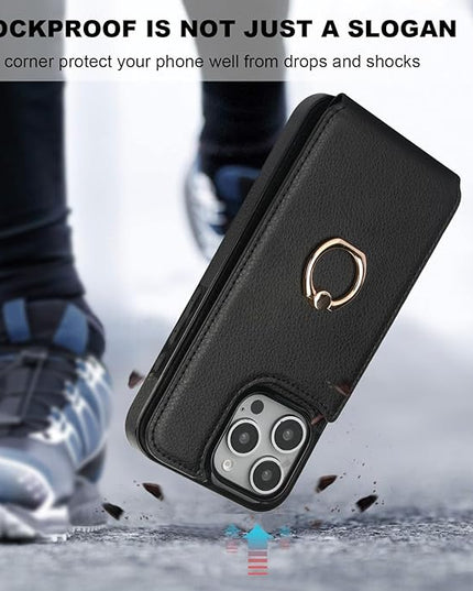Folosu Compatible with iPhone 16 Pro Max Case Wallet with Card Holder, 360°Rotation Finger Ring Holder Kickstand, RFID Blocking Leather Protective Double Buttons Shockproof Cover 6.9 Inch Black