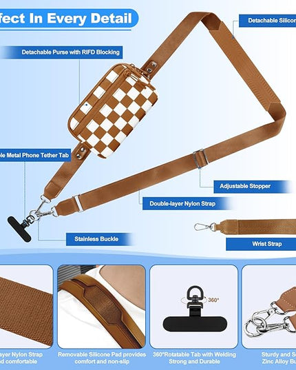 Clip and Go Strap for Phone with Wallet Crossbody, Adjustable Phone Lanyard with Detachable RFID Wristlet Wallet, Phone Strap with Phone Tabs for All Phones, Bronze Checkered (L)