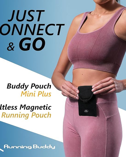 Running Buddy Running Fanny Pack - 6.5 x 4 in, Mini Plus Black - No-Bounce Magnetic Running Phone Holder - Water-Resistant Waist Bag for Men & Women