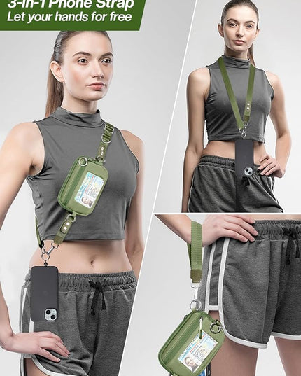 Clip and Go Strap for Phone with Wallet Crossbody Phone Lanyard Adjustable and Detachable RFID Wristlet Wallet with ID Window and Zipper, Green