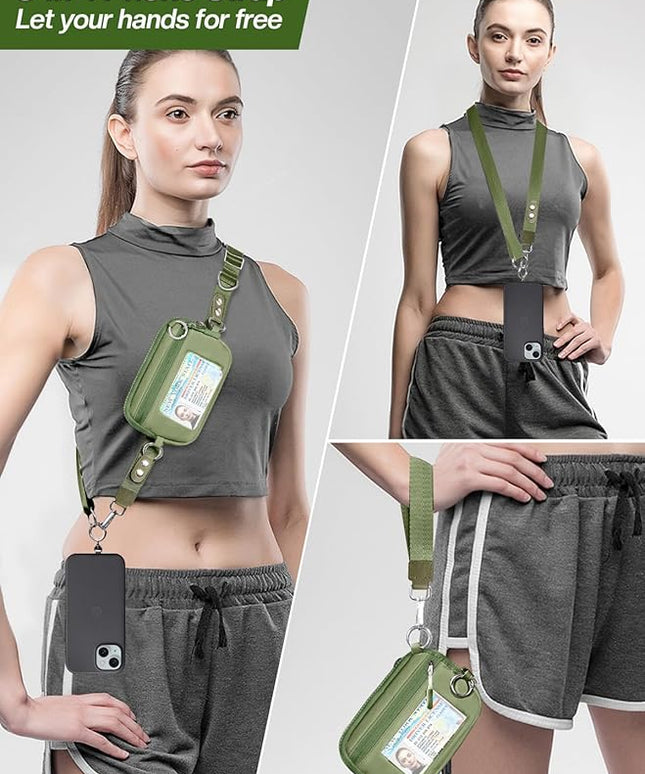 Clip and Go Strap for Phone with Wallet Crossbody Phone Lanyard Adjustable and Detachable RFID Wristlet Wallet with ID Window and Zipper, Green