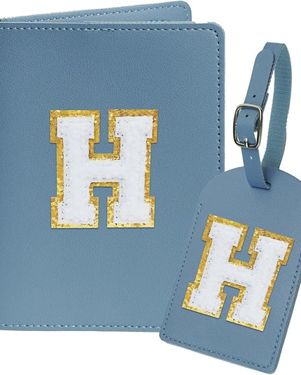 Initial Passport Cover Holder and Luggage tag Set,PU Leather Passport Case Travel Suitcase Tag with Letter Patch, Personalized Travel Luggage Accessories Gifts for Women Grils Teenage Haze Blue H