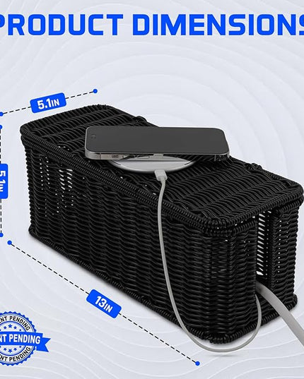 Cable Management Box, Handmade Rattan Cable Organizer with 2 Open Slots, Cord Hider for Power Strip, Router & USB Hub, Registered U.S. Design Patent (D1,112,102), 13" x 5.1" x 5.1", Black