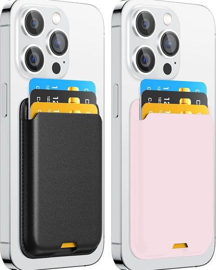 2 Pack Phone Card Holder, Premium Leather Wallet Stick on, Adhesive Credit Card Holder for Case, Sticky Wallet for Back of Cover, Android Cell Phone, iPhone, Fit 4 Cards, Black&Baby Pink