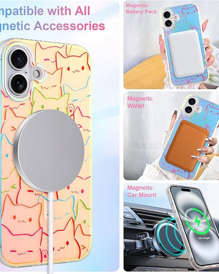 Cute Case for iPhone 16 Case for Women Girls Boys [ Compatible with Magsafe ] Iridescent and Black Cats Cat Pattern Design, Kawaii Colorful Animal Soft Bumper Protective Phone Cover