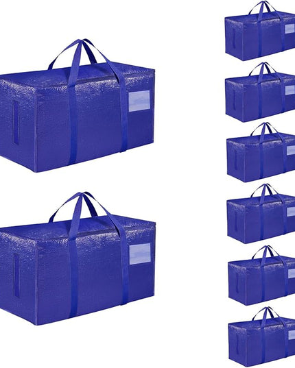 8 Pack-Extra Large Heavy Duty Moving Bags - Waterproof Storage Totes with Handles & Zippers, Foldable for College Dorm, Storage (Blue)