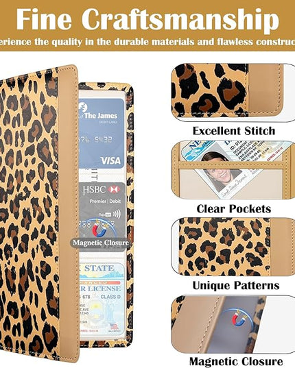 Car Registration and Insurance Holder with Magnetic Closure, Universal Document Organizer for License, Insurance Cards & Glove Box Storage (Leopard-Brown)