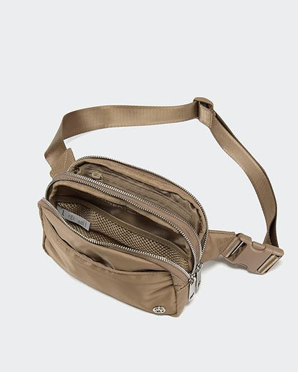 Pander Everywhere Belt Bag for Women, 5 Zipper Pockets Nylon Crossbody Fanny Pack Purse (Gray Brown)
