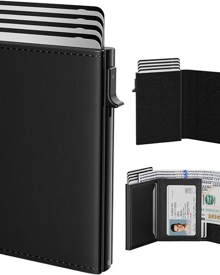 typecase Mens Wallet Card Holder: Pop Up Aluminum Case, Genuine Leather, Smart, RFID Blocking, Slim, Minimalist, Front Pocket - 9-14 Card Capacity | ID Window | Cash Slot (Deep Black)