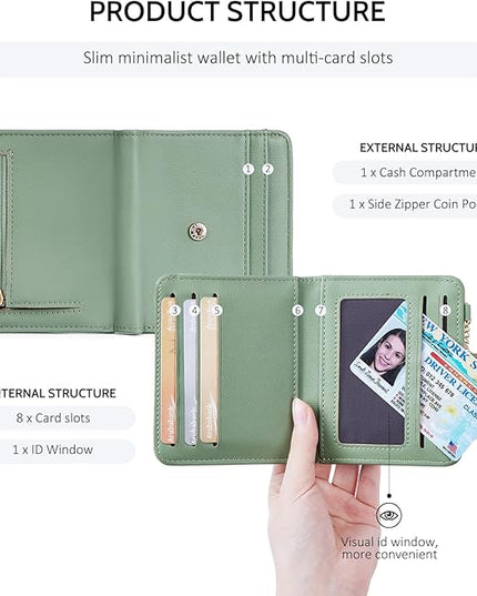 POIUGOYA Slim Wallet for Women,RFID Blocking Bifold Credit Card Holder with Zipper Coin Pocket,ID Window,Keychain