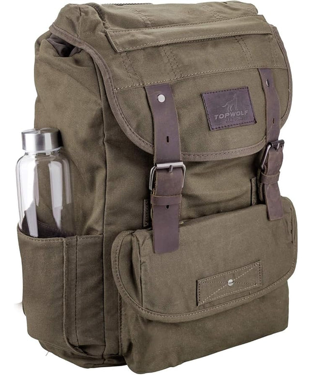 Waterproof Waxed Canvas Backpack for Men Travel Rucksack Leather Trimming (Green) One_Size