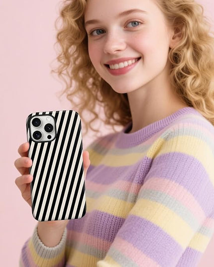 Magnetic for iPhone 15 Case Cute Diagonal Stripes Phone Case, Shockproof Slim TPU and Hard PC Protective Phone Cover Compatible with MagSafe Designed for Women Girls,Black and White