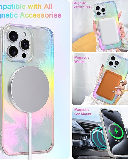 Glitter Case for iPhone 15 Pro Max Case for Women Girls [ Compatible with Magsafe ] Clear Cute Aesthetic Girly Iridescent Feather Sparkly Bling Magnetic Phone Cover, Gradient Blue & Pink