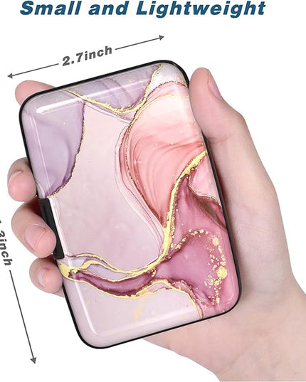Atufsuat Credit Card Holder, Mini Aluminum Card Wallet RFID Blocking Slim Metal Hard Card Case for Women Men, Pink Marble