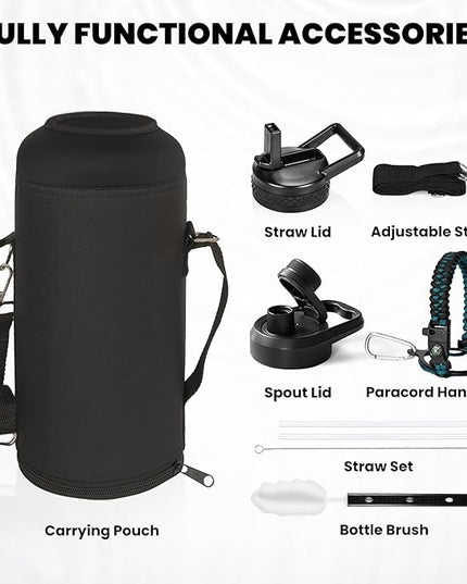 Insulated Water Bottle 87 oz, Triple Wall Vacuum Stainless Steel (Cold for 48 Hrs), Leak Proof & Non-BPA, Modern Water Flask Jug with Paracord Handle & Straw Spout Lids, Indigo/Black