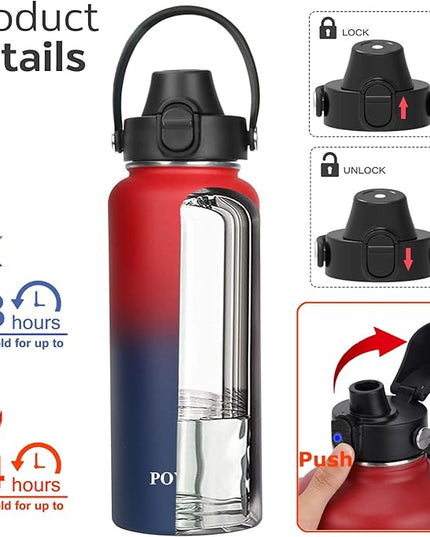 Water Bottle Insulated 32oz 40oz 64oz 128oz Straw Lid Spout Lid & 3 Lids, Leak Proof, Vacuum Insulated,Stainless Steel Water Bottle Wide Mouth for Sports, Gym or Office
