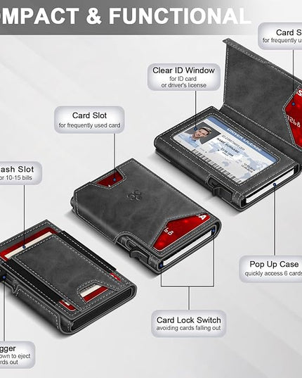 Wallet for Men Wallet with Slim Pop Up Card Holder 9-13 Cards, Bifold Minimalist Smart Wallet RFID Blocking Credit Card Holder with ID Window & Stretchable Cash Slot Compact Metal Aluminum Card Case