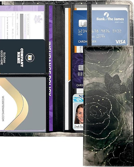 Car Registration and Insurance Holder with Magnetic Closure, Universal Document Organizer for License, Insurance Cards & Glove Box Storage (Butterfly Rose-Black)