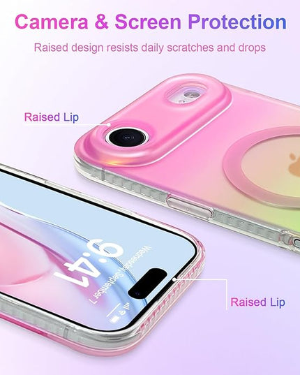 Aesthetic Case for iPhone Air Case for Women Girls [Compatible with Magsafe] Cute Girly Trendy Glitter Sparkly Rainbow Magnetic Protective Phone Cover, Matte Iridescent Pink & Green