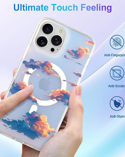 Cute Case for iPhone 12 Pro Max Case for Women Girls [ Compatible with Magsafe ] Aesthetic Cloud Pattern Design, Girly Glitter Sparkly Bling Protective Phone Cover, Iridescent Sun Set Sky